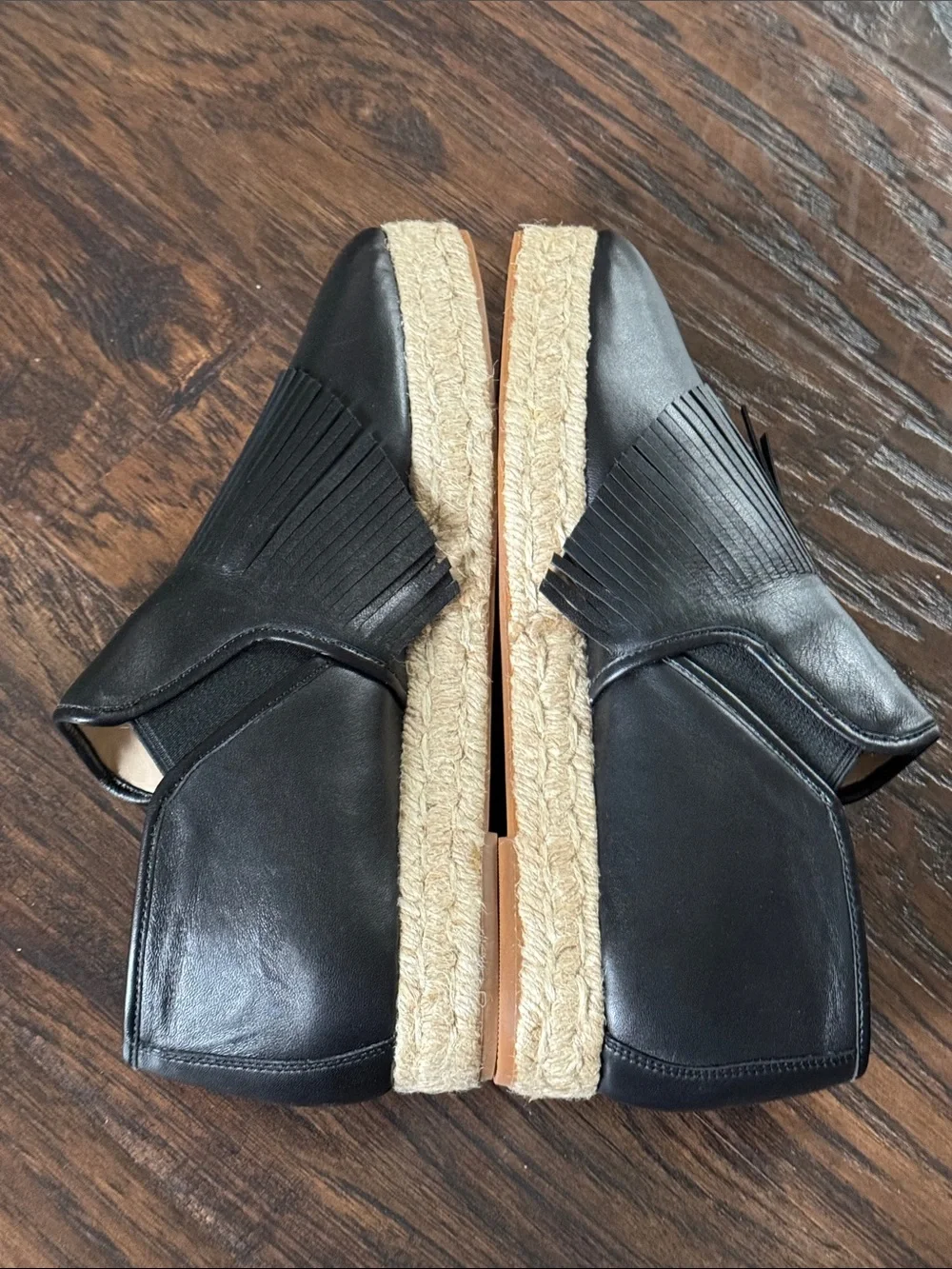 Tory Burch Black Leather Fringe Espadrille Slip-Ons